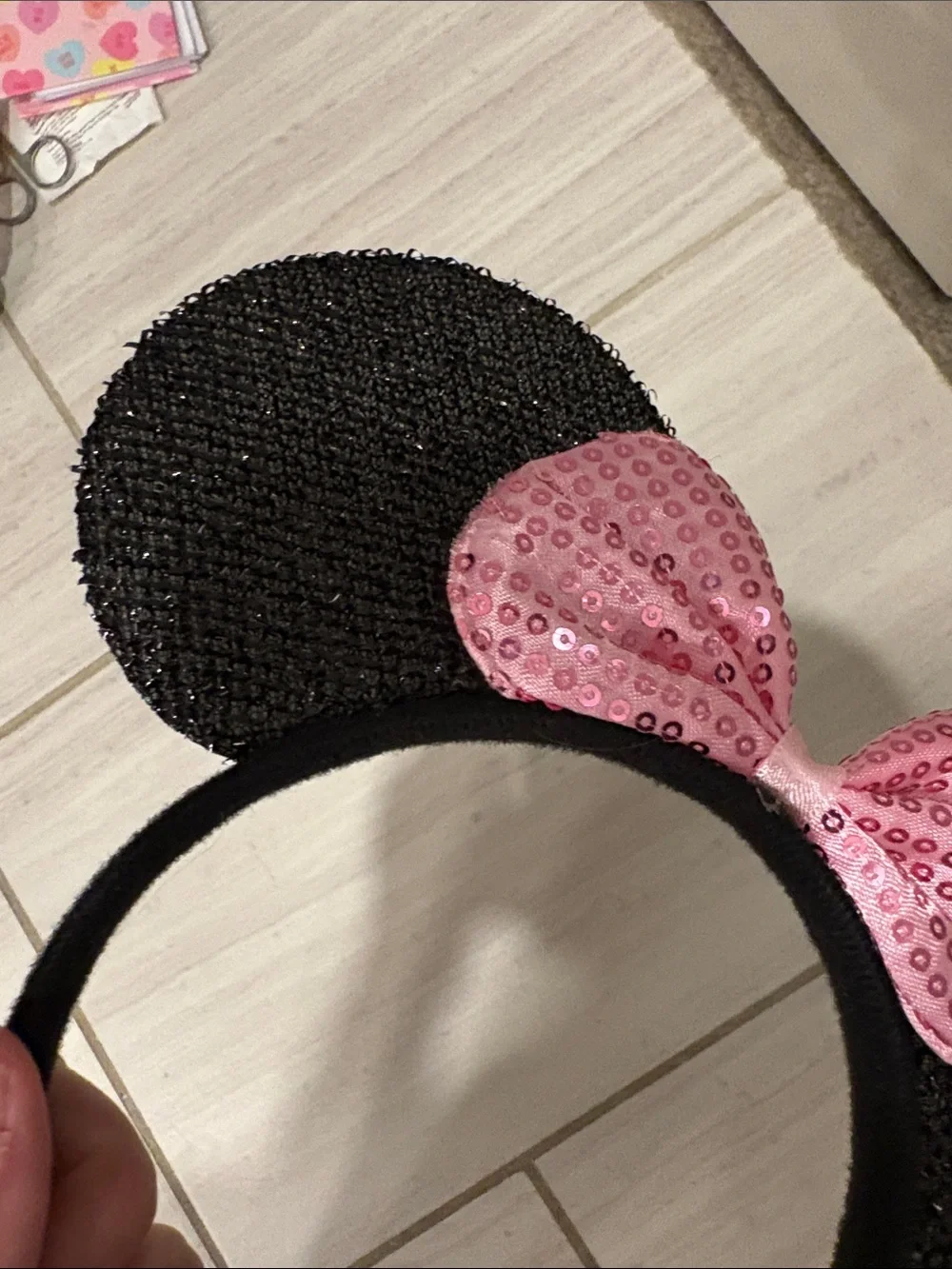 Kids Black Sequin Ear Headband with Pink Sequin Bow
